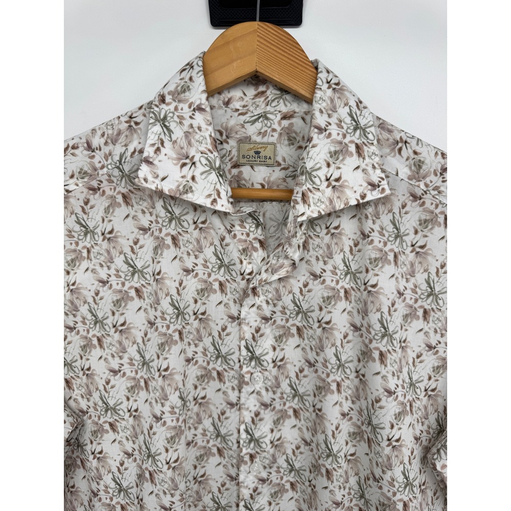 Sonrisa Silvery Luxury Men M Beige Cotton Floral Button Down Made in Italy Work